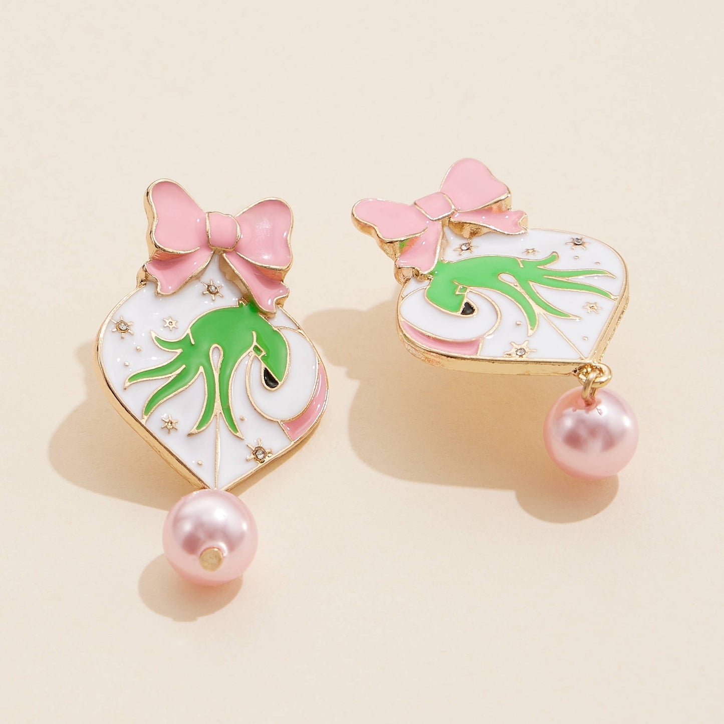 Pink Christmas Ball & Green Monster Dangling Earrings