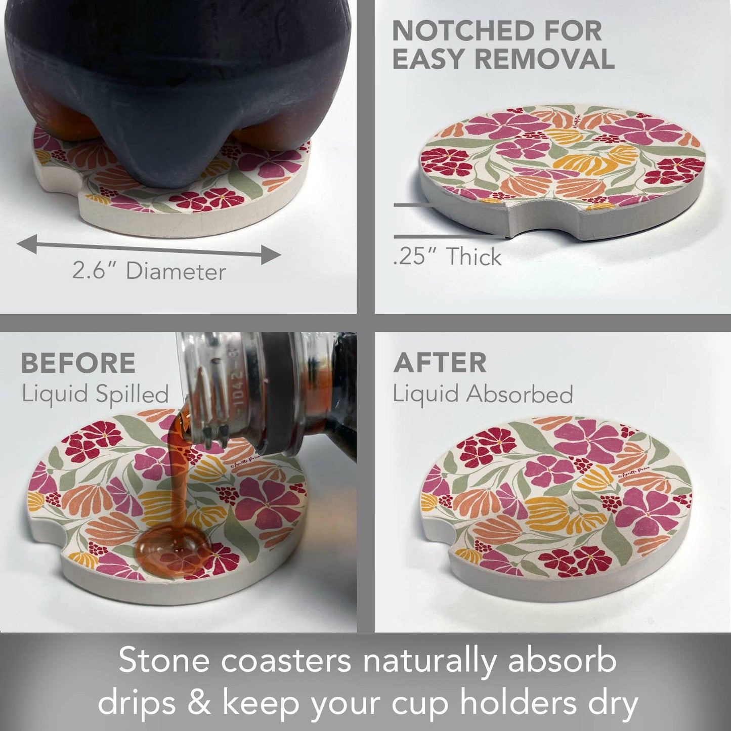 "Floral Melody" Absorbent Stone Car Coaster 1pk