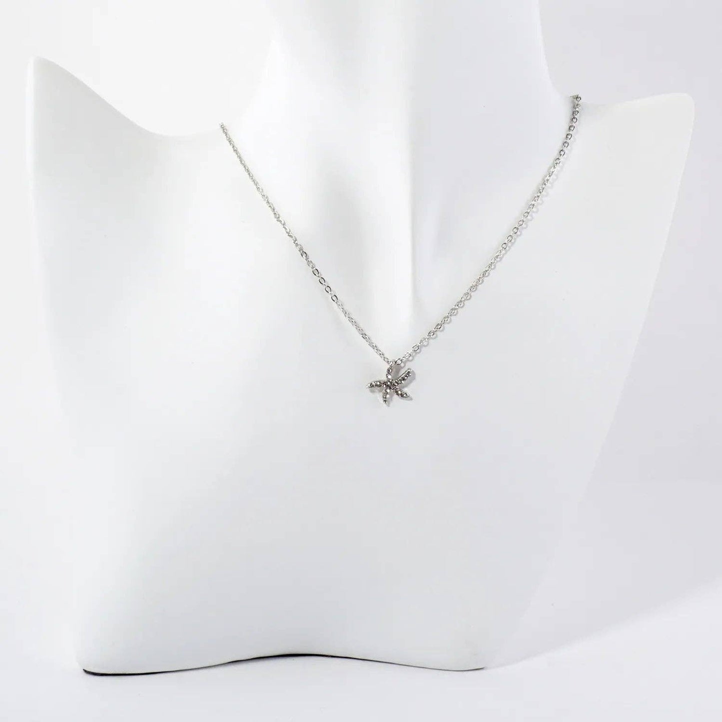 Sea-Life Crystal-Pave 11mm Starfish Pendant Necklace: Rhodium