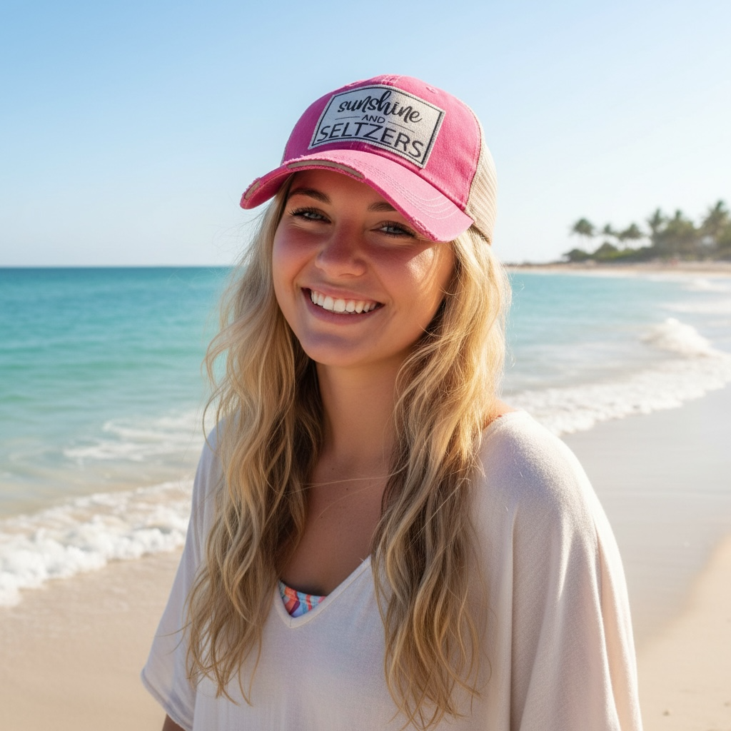 "Sunshine & Seltzers" Distressed Trucker Hat