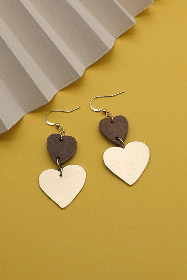 Matte Gold & Wood Double Heart Earring