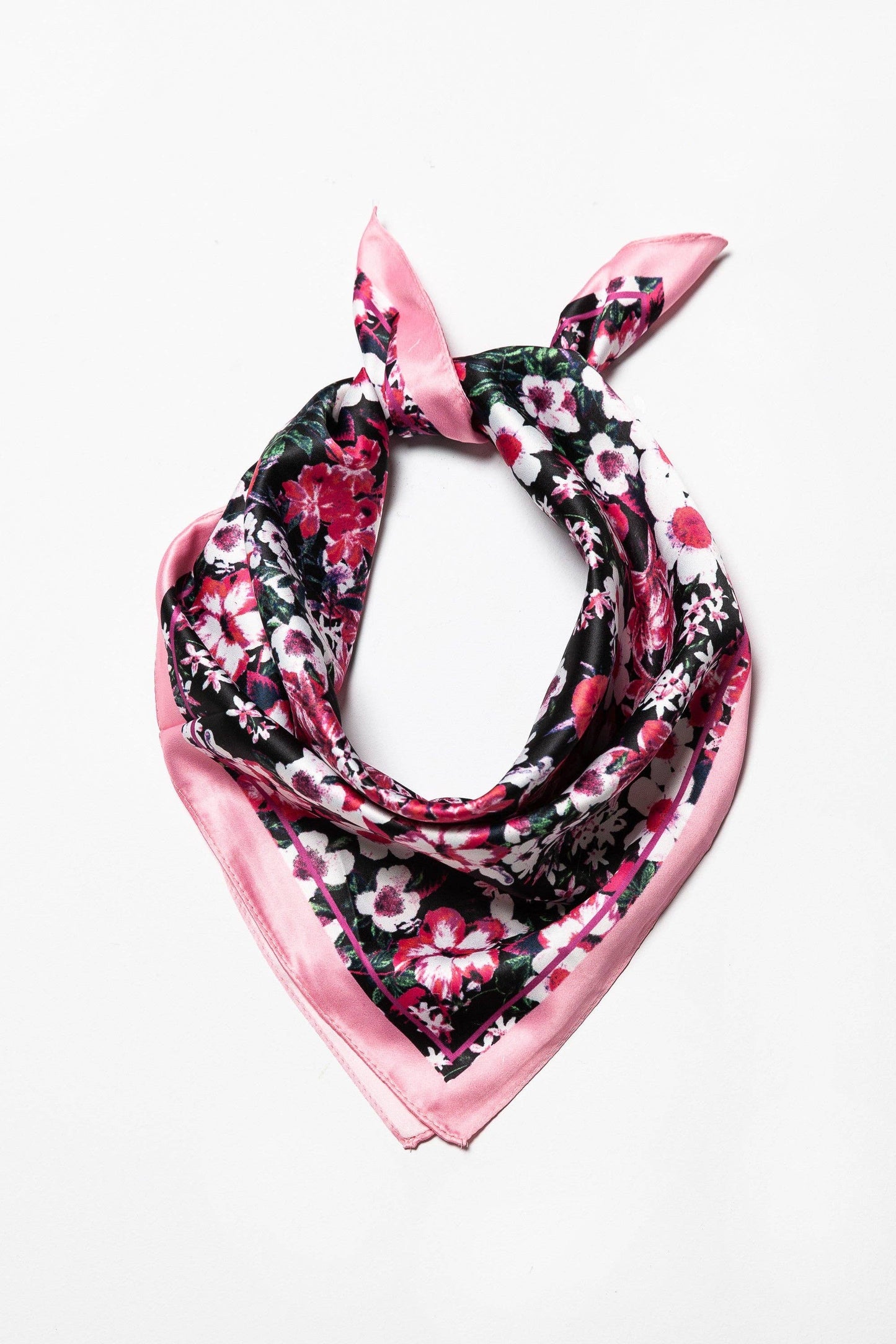 Pink Flower Print Silky Feel Bandana Scarf