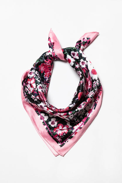 Pink Flower Print Silky Feel Bandana Scarf