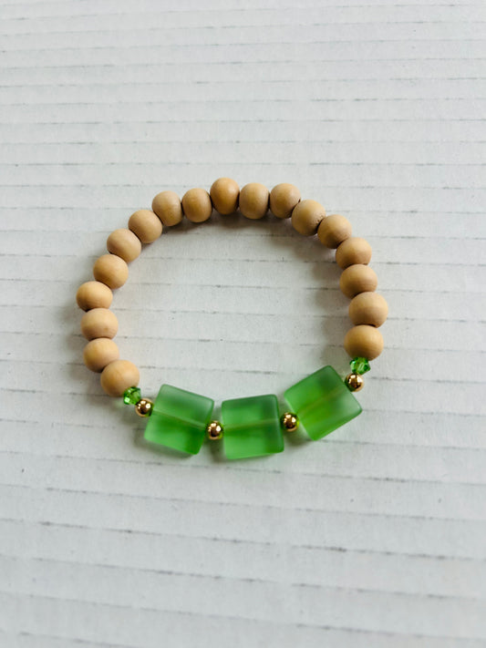 Natural Beaded Bracelet w/Green Frosted Sea Glass Squares & Gold Beads