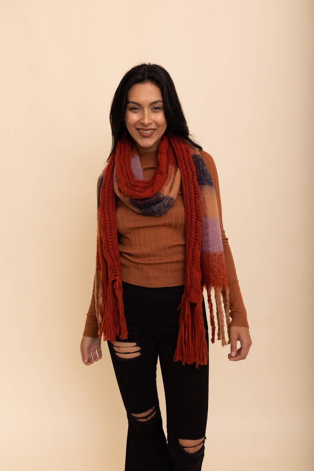 Cozy Knit Dual Textured Scarf w/ Tassels