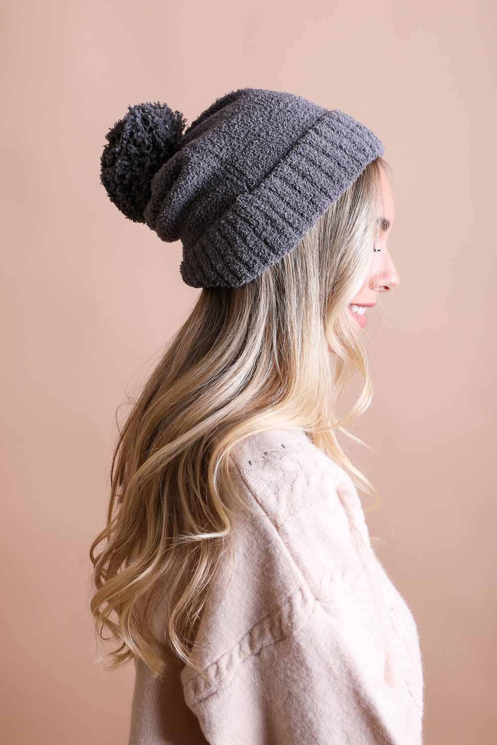 Grey Cozy Boucle Pom Beanie