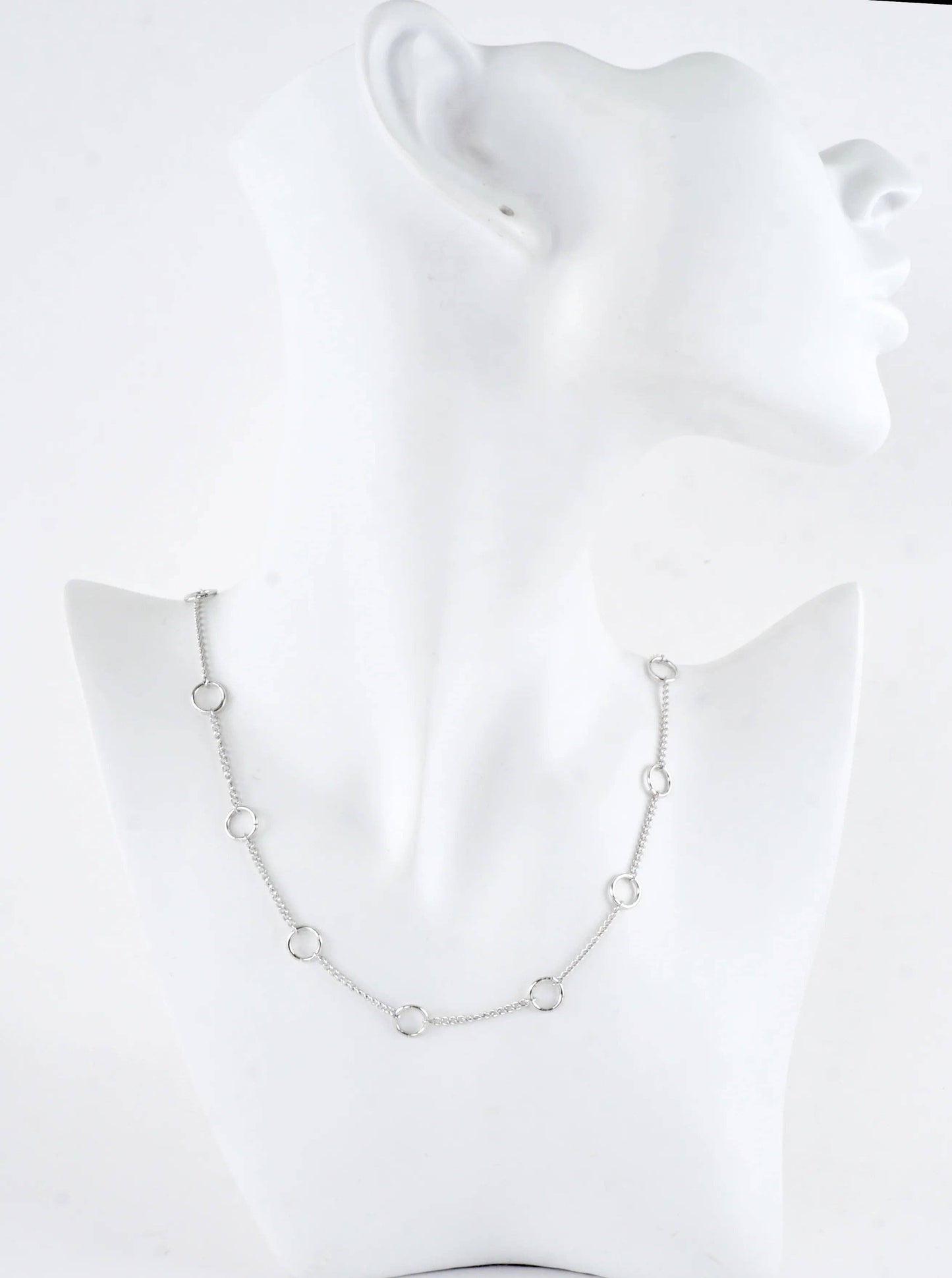 16 Inch Brass Circle Station Chain Necklace: White Gold Dipped