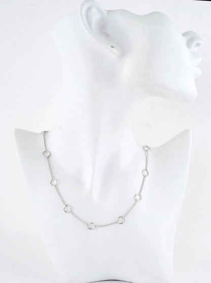 16 Inch Brass Circle Station Chain Necklace: White Gold Dipped