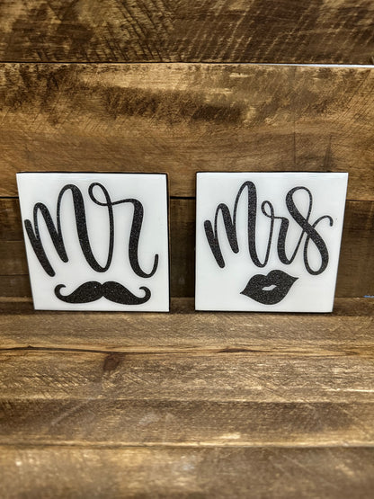 Mr. & Mrs. Black (w/glitter) & White Tile Coaster