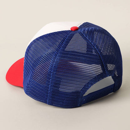USA Floral Letter Patch Trucker Baseball Cap: WHITE/RED/BLUE