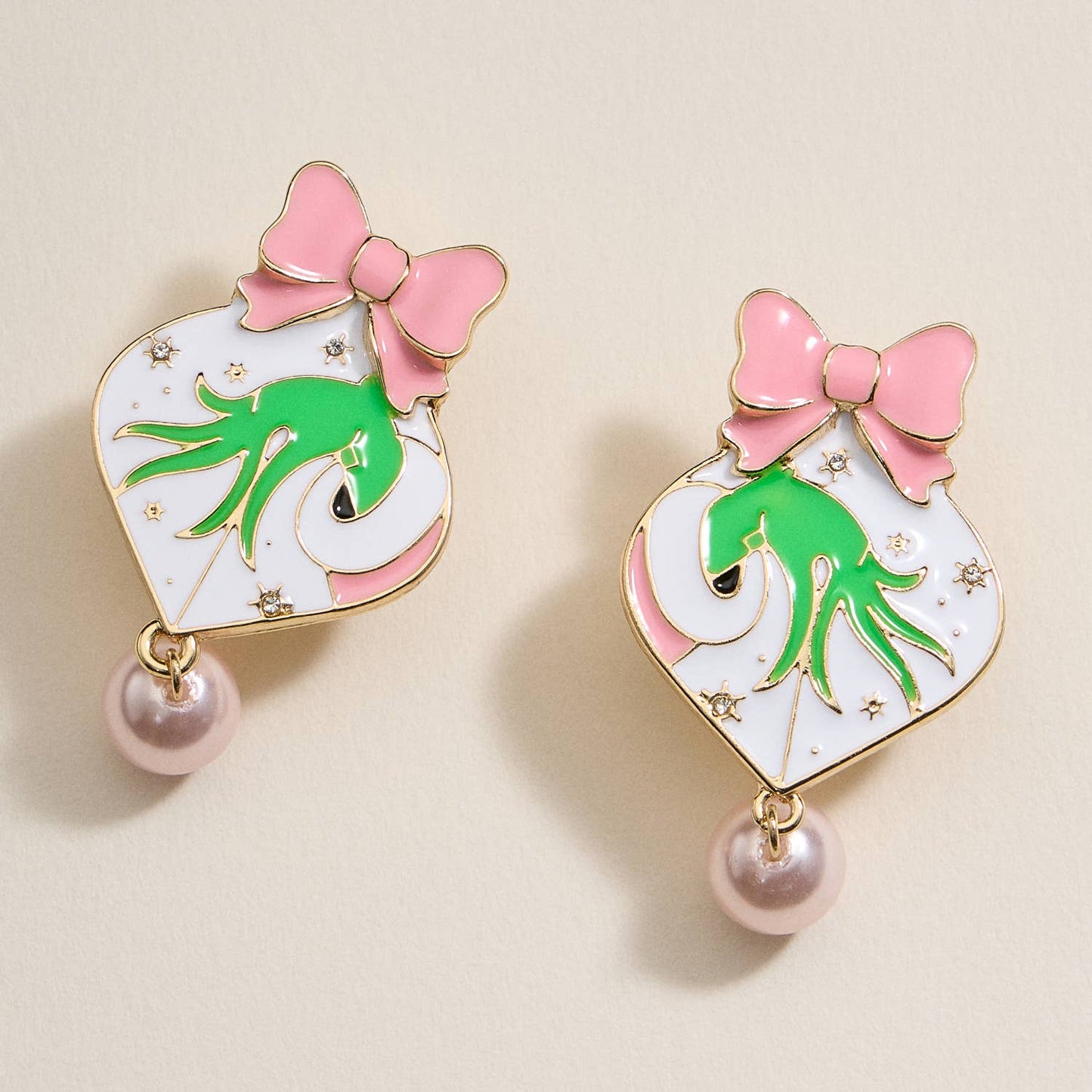 Pink Christmas Ball & Green Monster Dangling Earrings