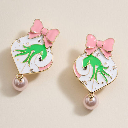 Pink Christmas Ball & Green Monster Dangling Earrings