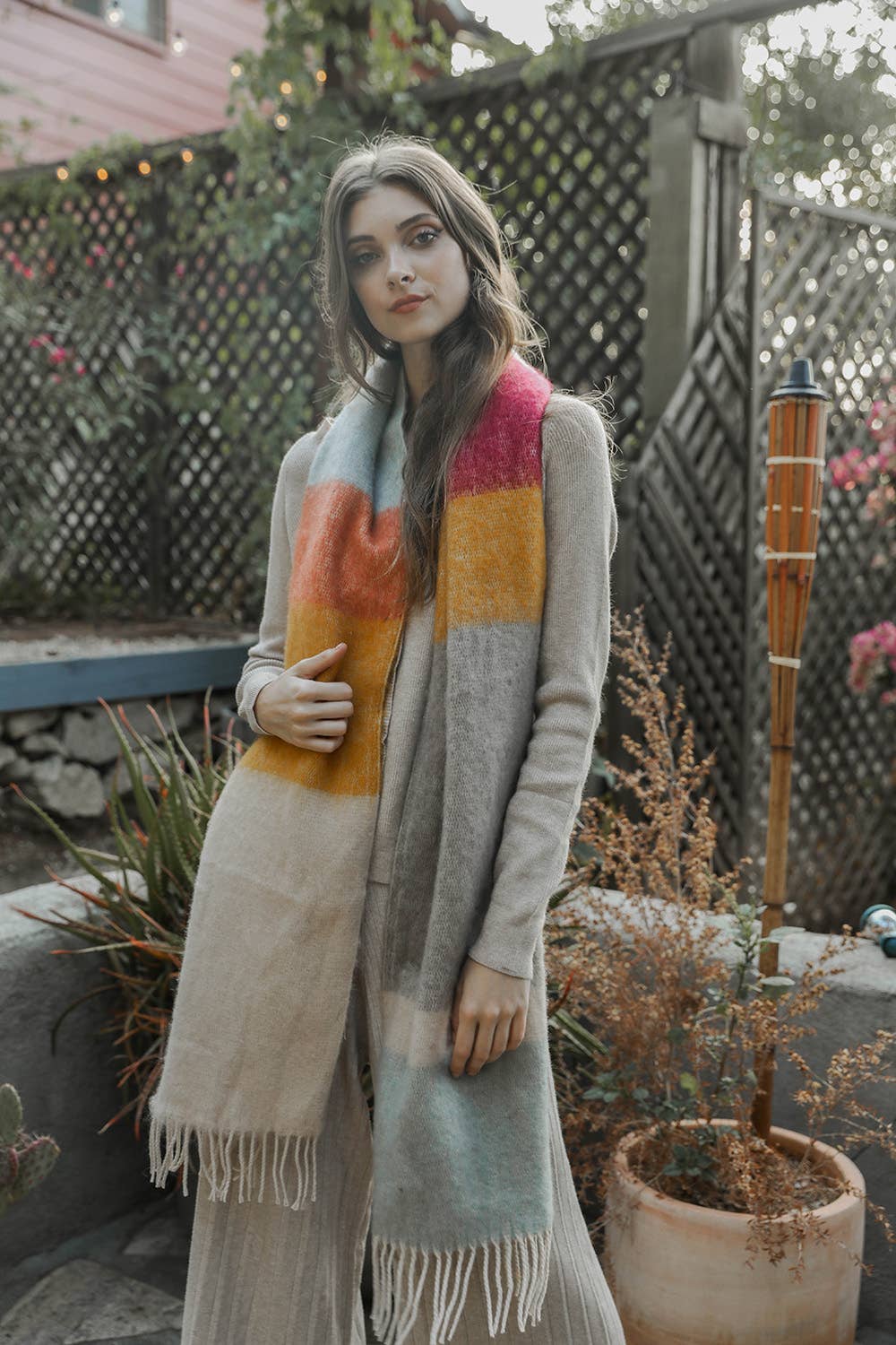 Green/Orange Winter Color Block Faux Mohair Scarf