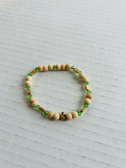 Natural Wood Bead/Green Bracelet w/ Gold Shamrock and Gold Accents