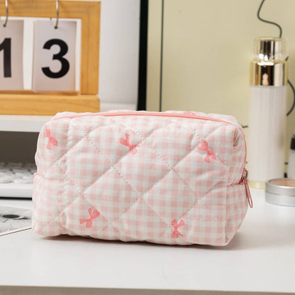Quilted Cotton Bow Cosmetic Pouch Bag