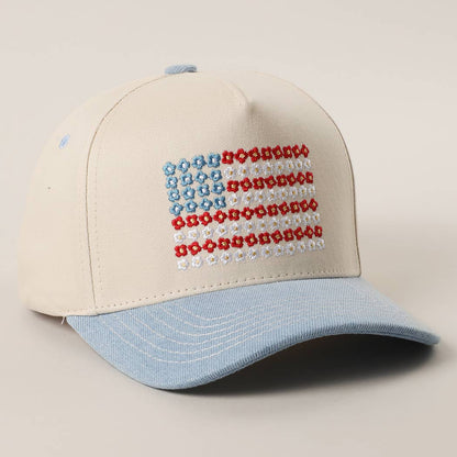 Lt. Denim Floral American Flag Embroidered Two-Tone Denim Trucker Hat