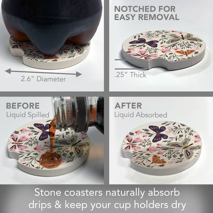 "Flutter Blooms" Absorbent Stone Car Coaster 1pk