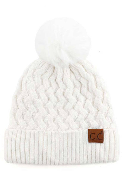 White Woven Cable Stitch Cuff Soft Pom Beanie Winter Hat
