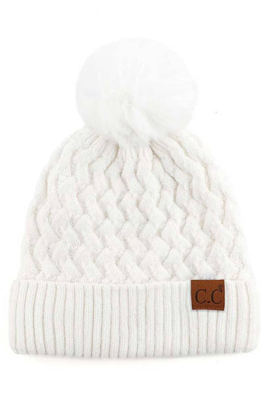 White Woven Cable Stitch Cuff Soft Pom Beanie Winter Hat