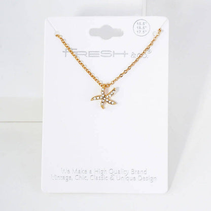 Gold -Life Crystal-Pave 11mm Starfish Pendant Necklace