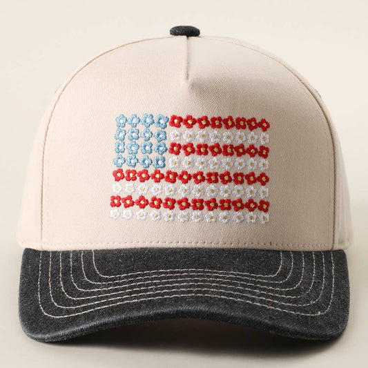 Blk. Denim Floral American Flag Embroidered Two-Tone Denim Trucker Hat ONE SIZE
