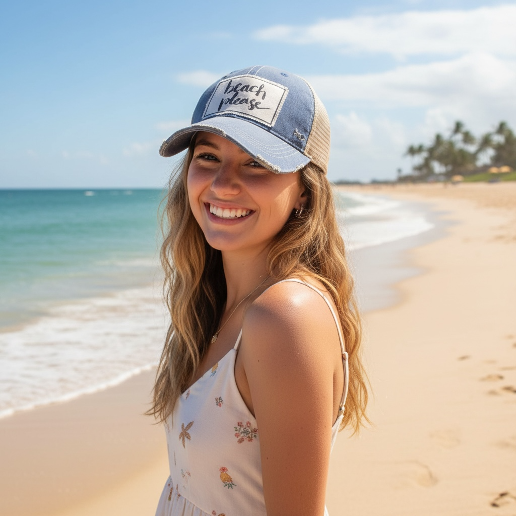 Beach Please Distressed Trucker Hat Baseball Cap