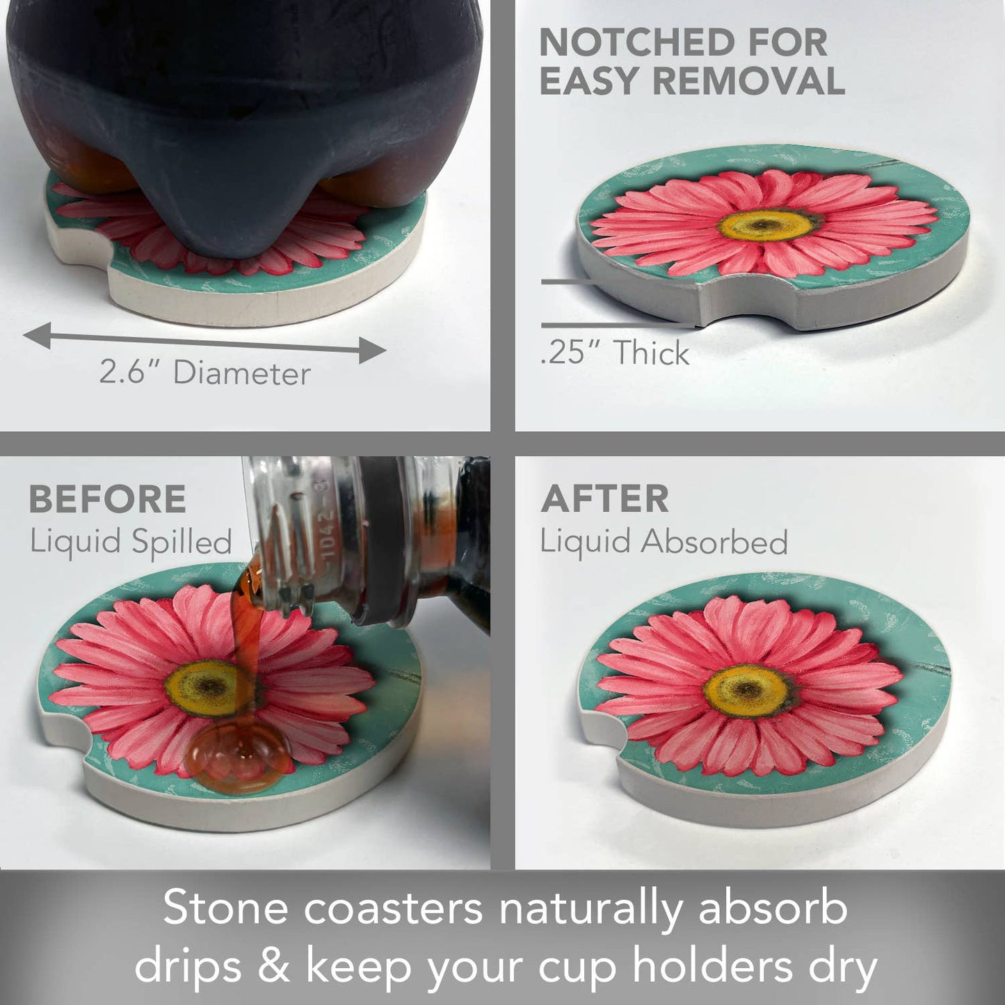 Blooming Daisy Absorbent Stone Car Coaster 1 Pk