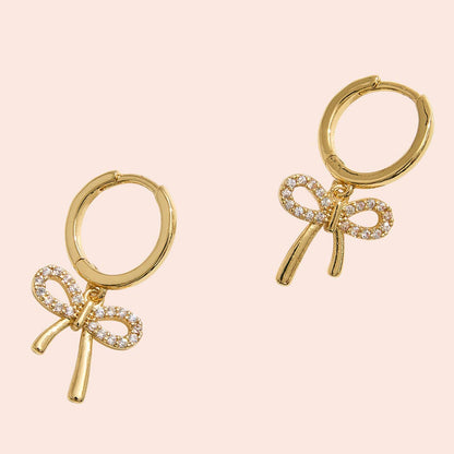14K Gold-Dipped Bow Charm Huggie Hoop CZ Earrings