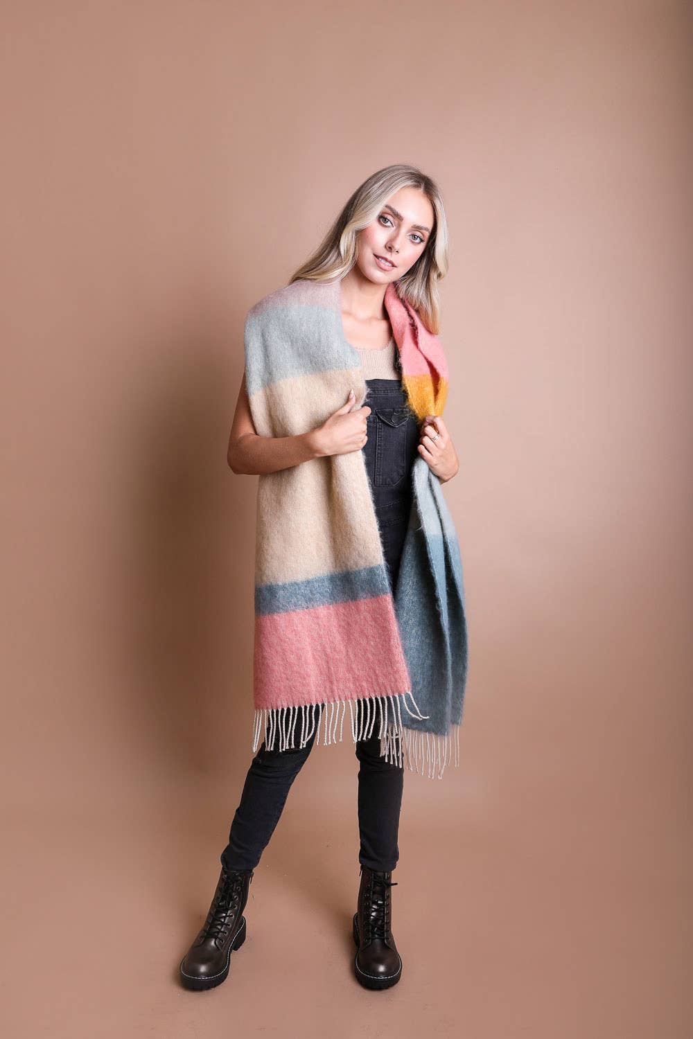 Green/Orange Winter Color Block Faux Mohair Scarf
