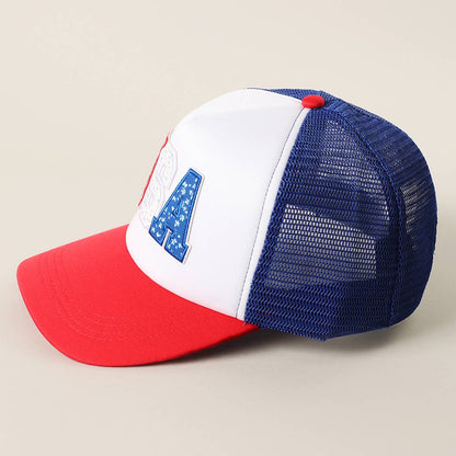 USA Floral Letter Patch Trucker Baseball Cap: WHITE/RED/BLUE