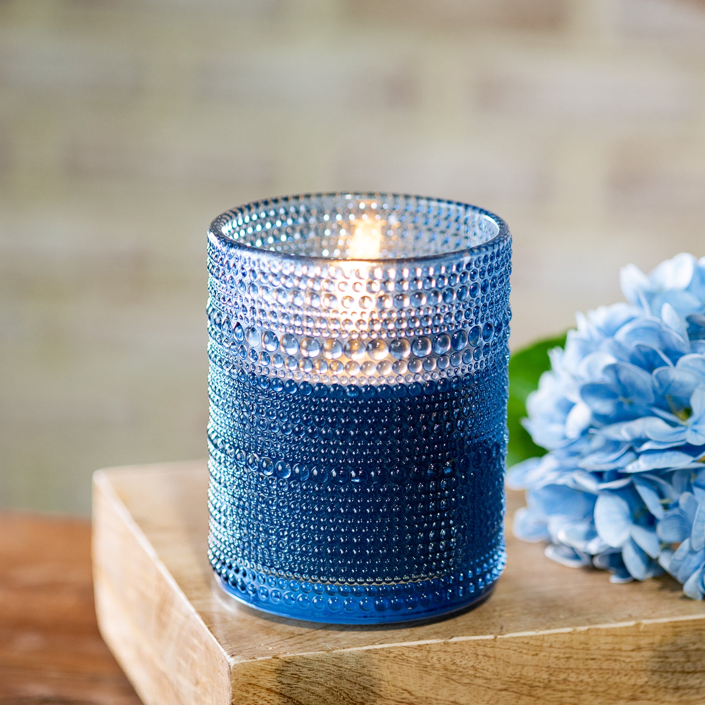 5" LED Blue Beaded Glass Jar Candle