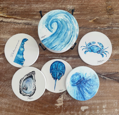 S/6 Round Ceramic Coasters in Caddy by Cheryl Zapata Art