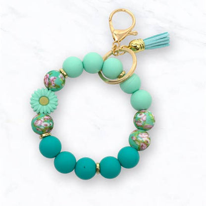 Beaded Daisy Flower Bracelet Keychain: Purple