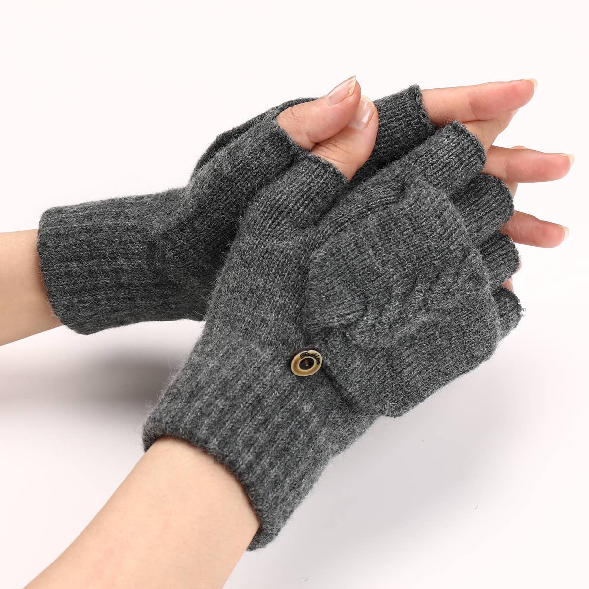 Gray, M Cable Knit Flap Half-Finger Warm Gloves