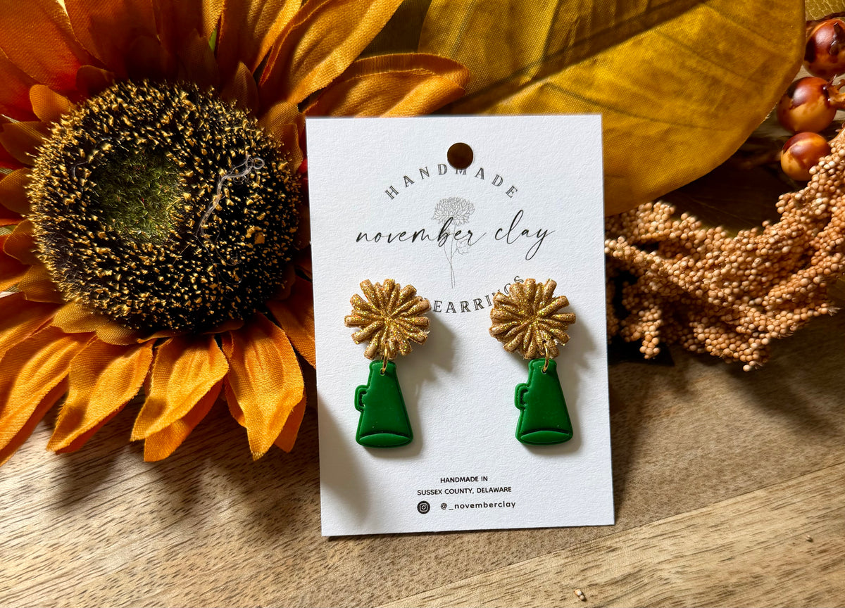 Gold Glitter PomPom w/Green Megaphone Dangle