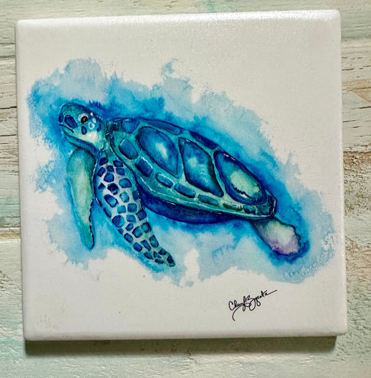 B/G Turtle Square Ceramic Coaster by Cheryl Zapata Art