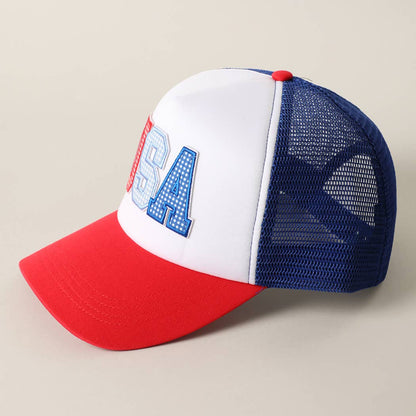 USA Patch Mesh Trucker Hat: WHITE/RED/BLUE