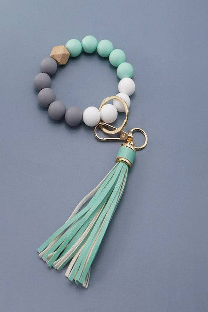 Aqua Silicone Bead Bracelet Key Holder w/Tassel