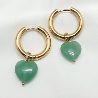 Jade Natural Stone Drop Hoop Huggie Earring Heart