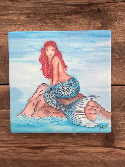 Madison Mermaid Square Ceramic Coaster by Cheryl Zapata Art
