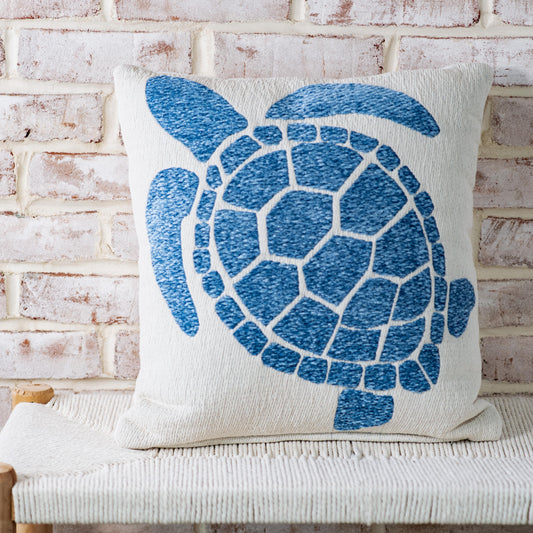 18"x 18" White & Blue Sea Turtle Pillow