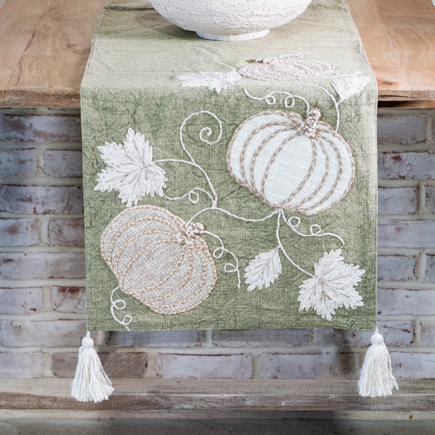 72" AUTUMN PUMPKINS GREEN TABLE RUNNER