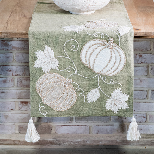 72" AUTUMN PUMPKINS GREEN TABLE RUNNER