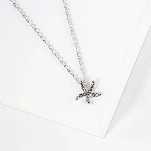 Sea-Life Crystal-Pave 11mm Starfish Pendant Necklace: Rhodium