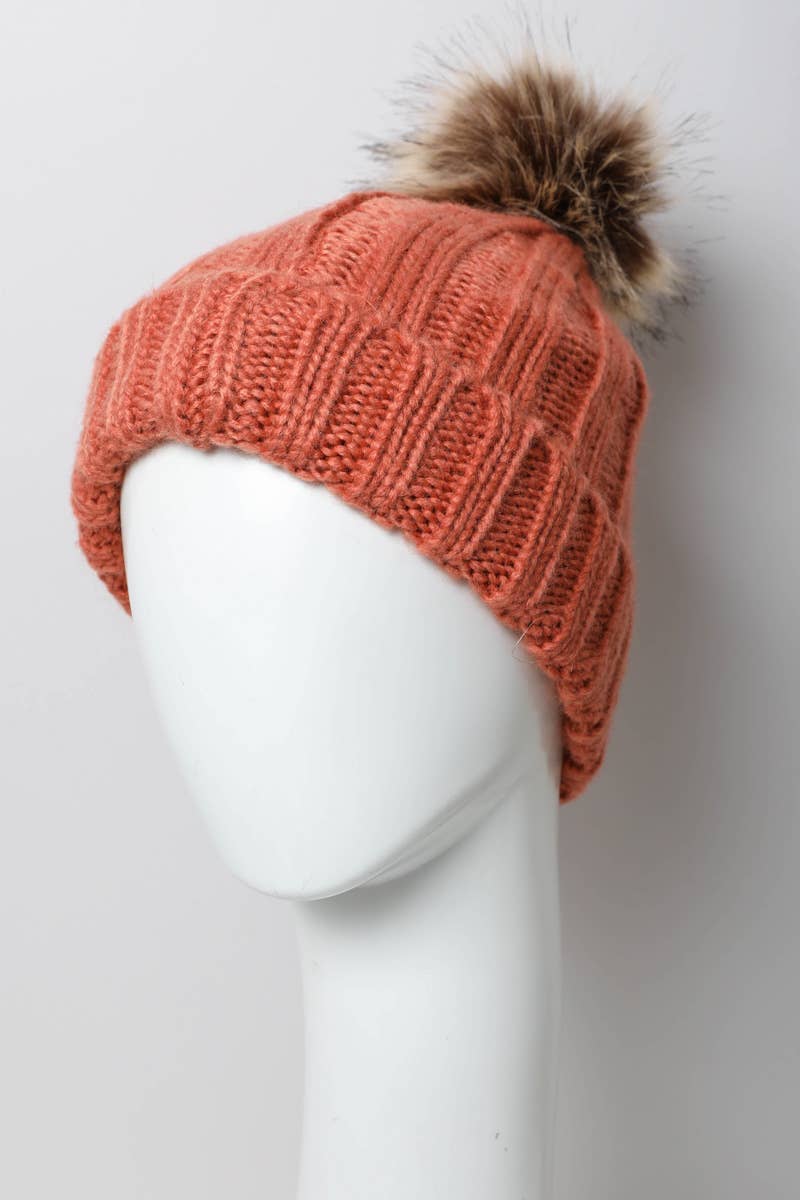 Persimmon Winter-Ready Ribbed Faux Fur Beanie