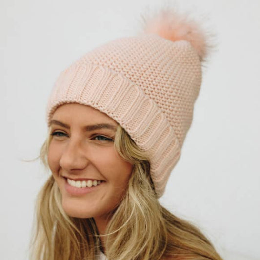 Pink Chunky Knit Pom Beanie with Faux Sherpa Lining