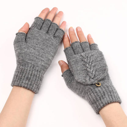 Gray, M Cable Knit Flap Half-Finger Warm Gloves