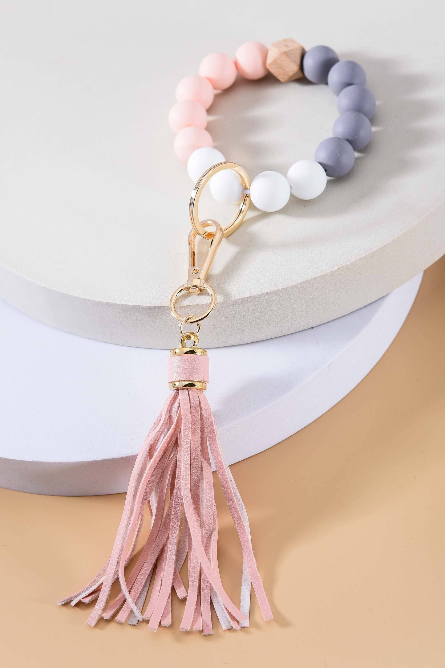 Peachy Pink Silicone Bead Bracelet Key Holder w/Tassel