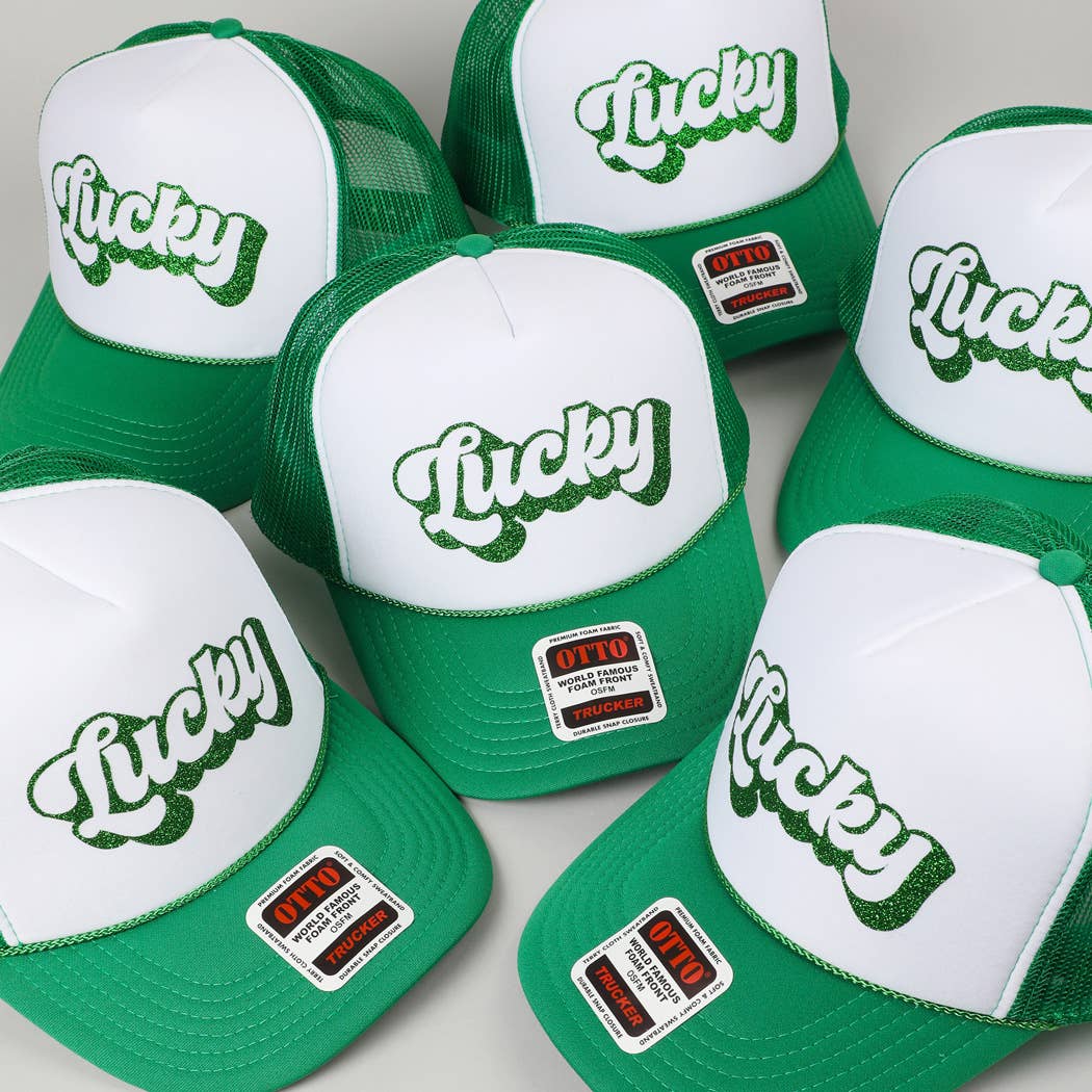 LUCKY Letter Glitter Logo Print Foam Trucker Hat
