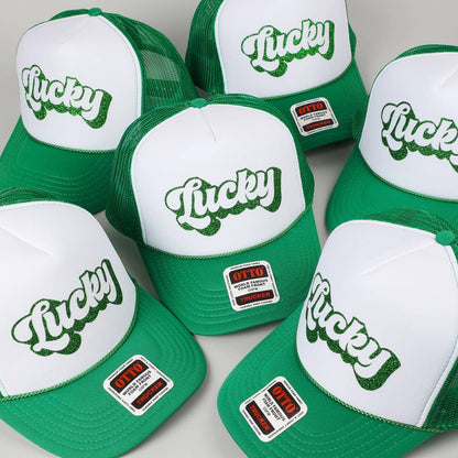 LUCKY Letter Glitter Logo Print Foam Trucker Hat